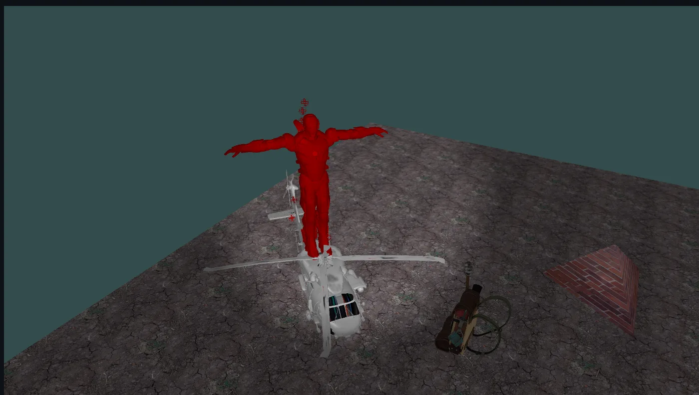 OpenGL renderer with animated character on a helicopter over cracked desert terrain